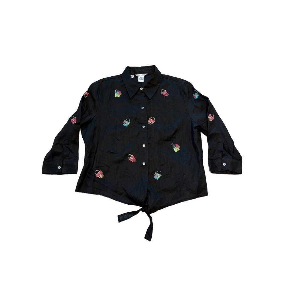 Richard Malcolm 100% Irish Linen Shirt XL Black Embroidered Button Down Coastal
